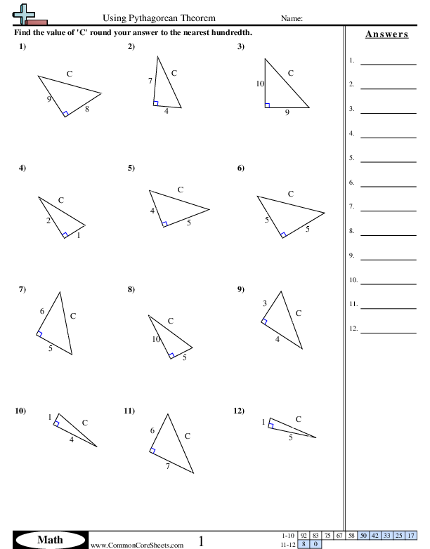 Algebra Worksheets - Using Pythagorean Theorem  worksheet